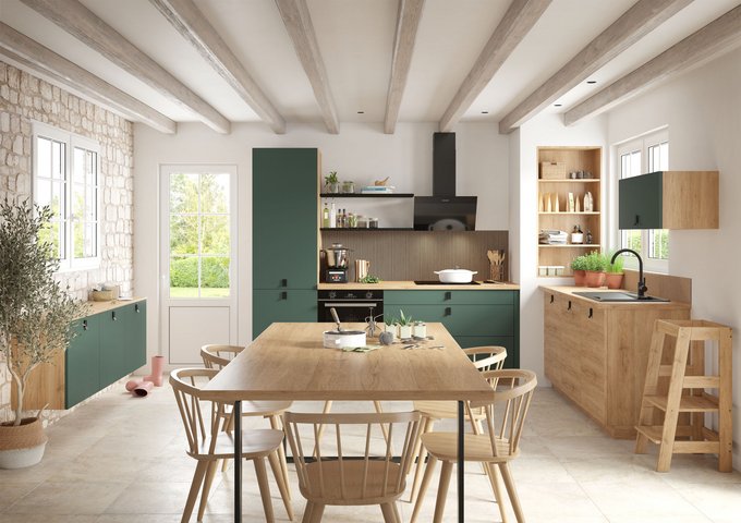 908157c4-c12e-4602-90b1-6187f149771d-15_VELVET-VERT_MINERAL_Vue_01.jpeg Cuisine rustique moderne vert et bois avec grande table de repas