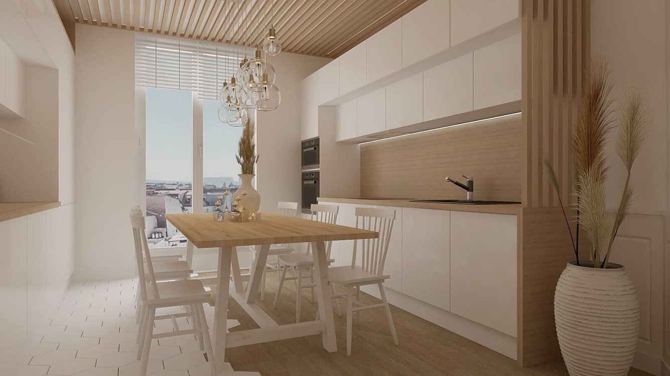 Cuisine scandinave épurée avec plafond ajouré
