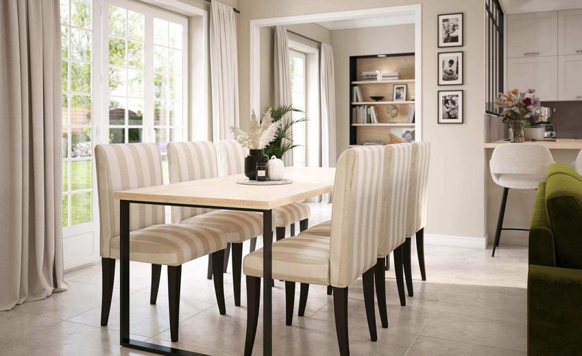 Table bois clair, chaises cannées, miroir arche, suspension rotin, buffet blanc